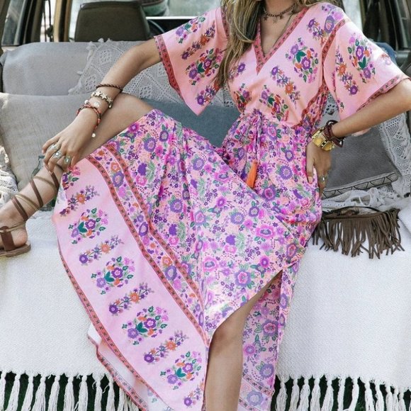 . Dresses & Skirts - Floral Trumpet Sleeve Split Thigh Drawstring Waist Maxi Dress